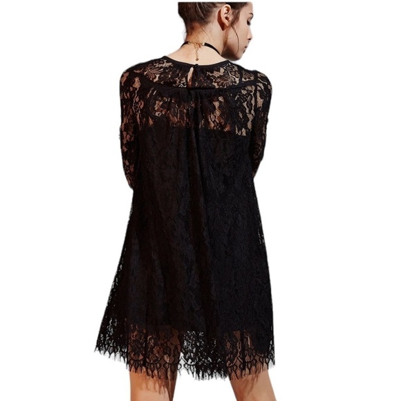 Kimchi Blue Floral Lace Long Sleeve Mini Dress. Fringe Hem. Black Size S #971 - Picture 2 of 9